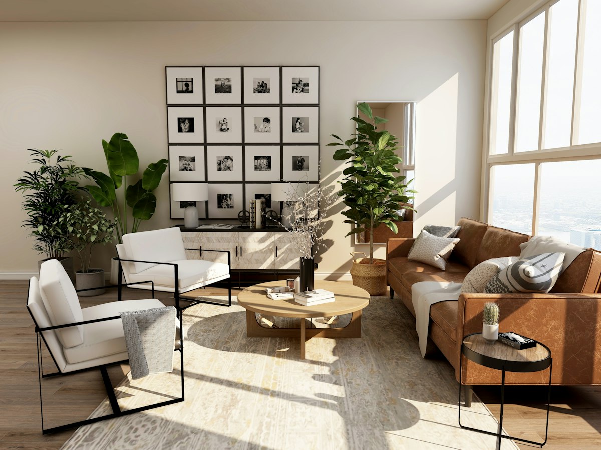 Sunlit living space with natural materials